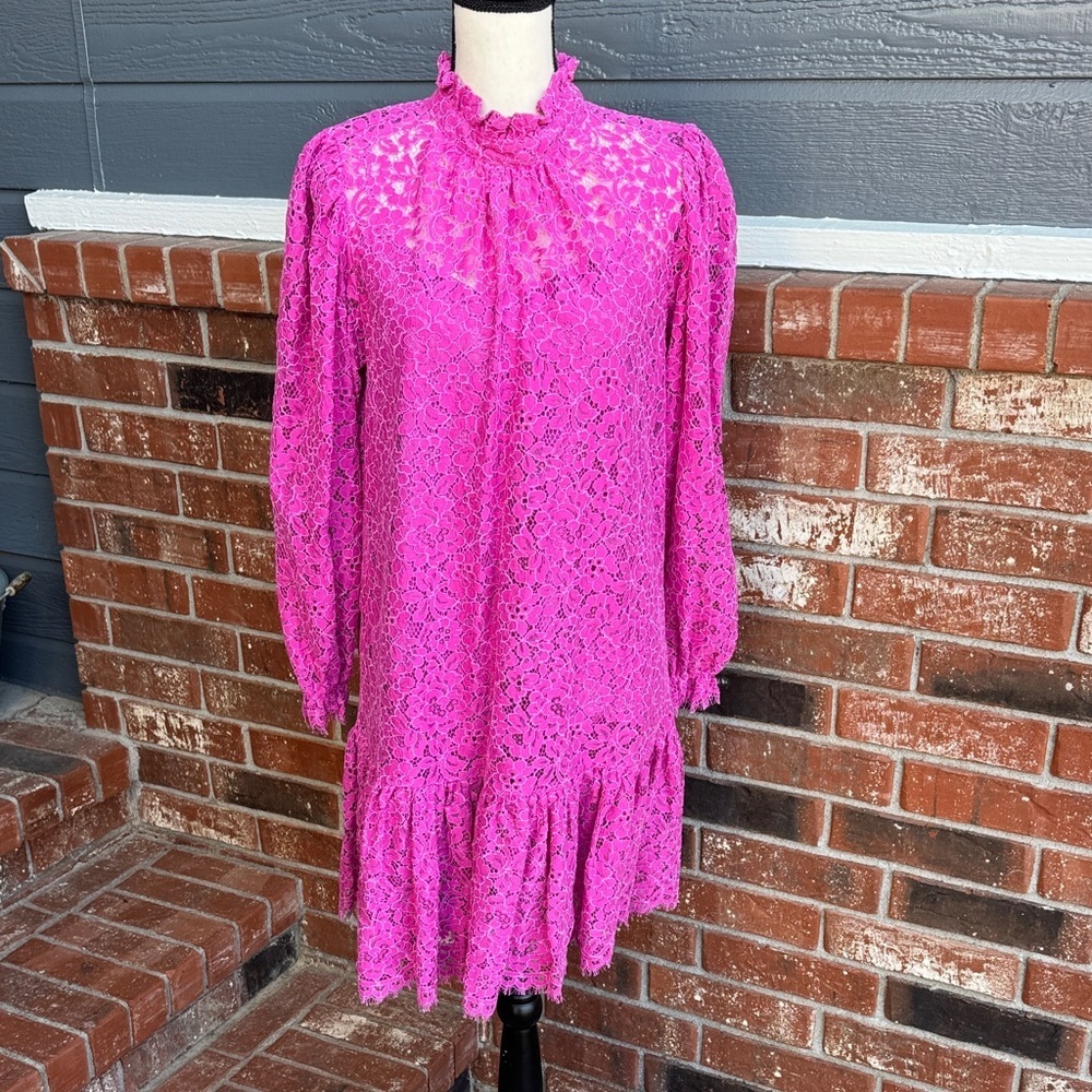 J. Crew Pink Floral Lace Tiered Midi Dress Size S Mock Neck Ruffle Occasion Boho